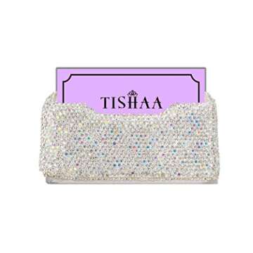 TISHAA Business Card Holder Stand - Bling Name Cards Office Desk Desktop Table Top Organizer Luxury Display Pocket Case Accessories White Crystal Rhinestone Glitter (White)