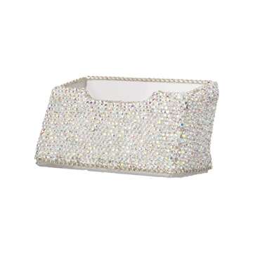 TISHAA Business Card Holder Stand - Bling Name Cards Office Desk Desktop Table Top Organizer Luxury Display Pocket Case Accessories White Crystal Rhinestone Glitter (White)