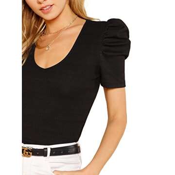 ROMWE Women's Elegant Short Puff Sleeve Knit Summer V-Neck T-Shirt Tops Black Large