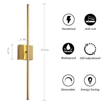 KARTOOSH Hardwired Wall Sconces Set of Two,Modern Dimmable Wall Sconces, 350° Rotate, LED Wall Light Fixtures, 3000K Warm Light Wall Lamp for Bathroom, Living Room,27.8 Inch Brushed Brass (2 Pack)