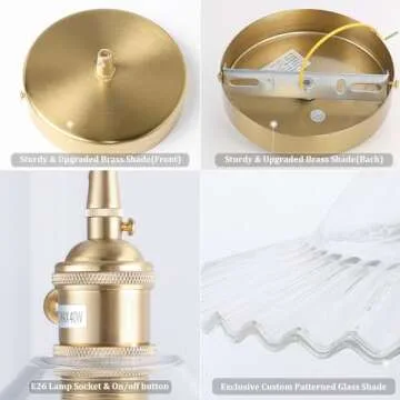 Shenmoyl Pendant Light with White Lotus Glass Lmapshade, Brass Vintage Pendant Light Adjustable Hanging Light for Kitchen Island Dining Room Hallway