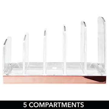 mDesign Plastic Makeup Organizer for Bathroom Countertops, Vanities, Cabinets: Cosmetics Storage Solution for - Eyeshadow Palettes, Contour Kits - 5 Sections - Lumiere Collection - Clear/Rose Gold