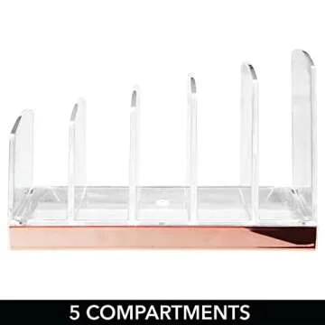 mDesign Plastic Makeup Organizer for Bathroom Countertops, Vanities, Cabinets: Cosmetics Storage Solution for - Eyeshadow Palettes, Contour Kits - 5 Sections - Lumiere Collection - Clear/Rose Gold