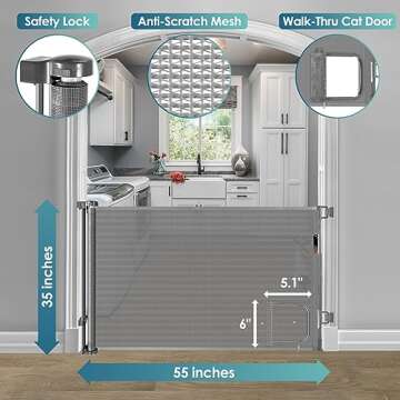 Retractable Baby Gate with Cat Door - 55" Wide, Gray, Indoor and Outdoor Use
