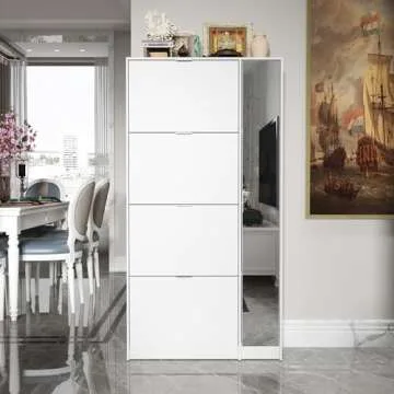 Homsee Modern Shoe Storage Cabinet with 4 Flip Drawers & Mirror, Wood 4-Tier Shoe Rack Storage Organizer with Shelves and Door for Entryway, Hallway, White (31.5”L x 9.4”W x 61.2”H)