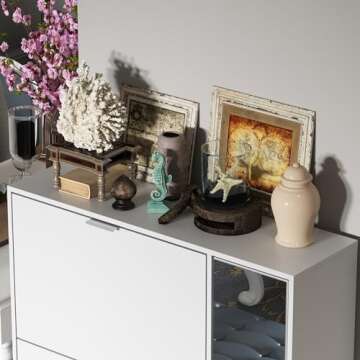 Homsee Modern Shoe Storage Cabinet with 4 Flip Drawers & Mirror, Wood 4-Tier Shoe Rack Storage Organizer with Shelves and Door for Entryway, Hallway, White (31.5”L x 9.4”W x 61.2”H)