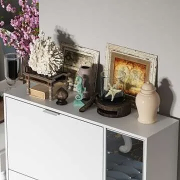 Homsee Modern Shoe Storage Cabinet with 4 Flip Drawers & Mirror, Wood 4-Tier Shoe Rack Storage Organizer with Shelves and Door for Entryway, Hallway, White (31.5”L x 9.4”W x 61.2”H)