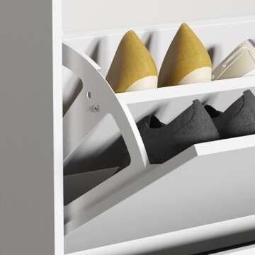 Homsee Modern Shoe Storage Cabinet with 4 Flip Drawers & Mirror, Wood 4-Tier Shoe Rack Storage Organizer with Shelves and Door for Entryway, Hallway, White (31.5”L x 9.4”W x 61.2”H)