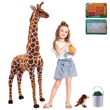 OHKIDS 47” Large Giraffe Stuffed Animal Set, Giant Giraffe Plush Toys w/Birds, Leaves, Basket, Tal...