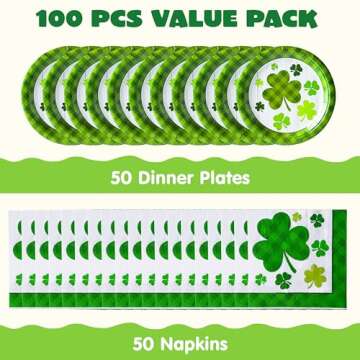 JOYIN 100PCS St. Patrick’s Party Plate and Napkin Set, 50 Green Shamrock Plaid Plates and Paper Na...