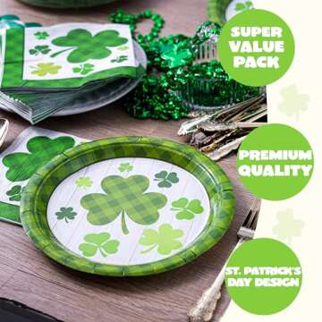 JOYIN 100PCS St. Patrick’s Party Plate and Napkin Set, 50 Green Shamrock Plaid Plates and Paper Napkin, Clover Designs for St Patrick’s Day Tableware, Party Supplies