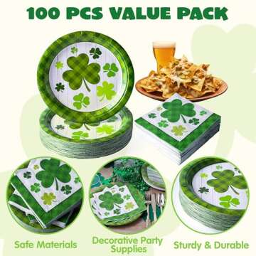 JOYIN 100PCS St. Patrick’s Party Plate and Napkin Set, 50 Green Shamrock Plaid Plates and Paper Napkin, Clover Designs for St Patrick’s Day Tableware, Party Supplies