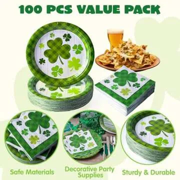 JOYIN 100PCS St. Patrick’s Party Plate and Napkin Set, 50 Green Shamrock Plaid Plates and Paper Napkin, Clover Designs for St Patrick’s Day Tableware, Party Supplies