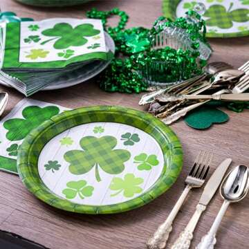 JOYIN 100PCS St. Patrick’s Party Plate and Napkin Set, 50 Green Shamrock Plaid Plates and Paper Napkin, Clover Designs for St Patrick’s Day Tableware, Party Supplies