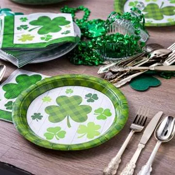 JOYIN 100PCS St. Patrick’s Party Plate and Napkin Set, 50 Green Shamrock Plaid Plates and Paper Napkin, Clover Designs for St Patrick’s Day Tableware, Party Supplies