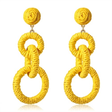 Rattan Earrings Handmade Hypoallergenic Raffia Circle Drop Dangle Earrings Boho Summer Beach Vacatio...