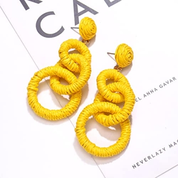 Rattan Earrings Handmade Hypoallergenic Raffia Circle Drop Dangle Earrings Boho Summer Beach Vacation Earrings