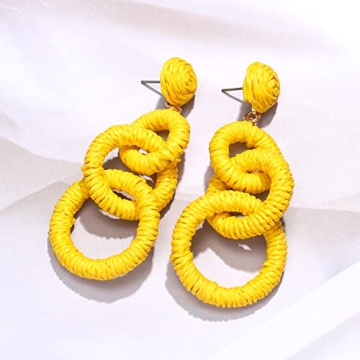 Rattan Earrings Handmade Hypoallergenic Raffia Circle Drop Dangle Earrings Boho Summer Beach Vacation Earrings