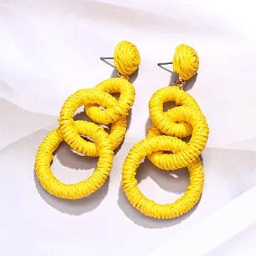 Rattan Earrings Handmade Hypoallergenic Raffia Circle Drop Dangle Earrings Boho Summer Beach Vacation Earrings