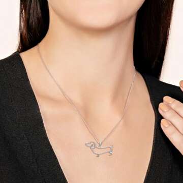 Jewelili Sterling Silver Dachsund Dog Pendant Necklace | Natural White Round Diamonds | 18" Rolo Chain | Fine Jewelry with Gift Box | Timeless Fashion Jewelry Gift for Her