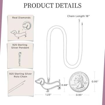 Jewelili Sterling Silver Dachsund Dog Pendant Necklace | Natural White Round Diamonds | 18" Rolo Chain | Fine Jewelry with Gift Box | Timeless Fashion Jewelry Gift for Her