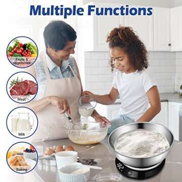 CHWARES Digital Kitchen Food Scale with Bowl Stainless Steel, Rechargeable Digital Scales Grams and Ounces for Weight Loss, Dieting, Baking, Cooking, and Meal Prep, 11lb/5kg, 0.1oz/1g