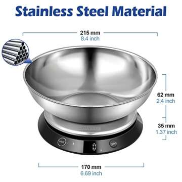 CHWARES Digital Kitchen Food Scale with Bowl Stainless Steel, Rechargeable Digital Scales Grams and Ounces for Weight Loss, Dieting, Baking, Cooking, and Meal Prep, 11lb/5kg, 0.1oz/1g