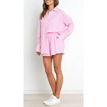 Womens Casual 2 Piece Outfit Set Oversized Tracksuit Sweatsuit Long Sleeve Shirt Loose High Waisted Mini Shorts