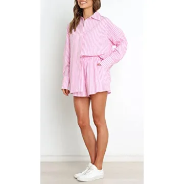 Womens Casual 2 Piece Outfit Set Oversized Tracksuit Sweatsuit Long Sleeve Shirt Loose High Waisted Mini Shorts