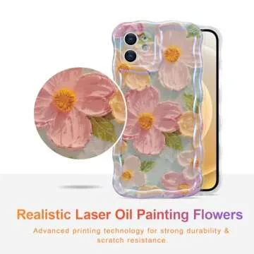 EYZUTAK Case for iPhone 11, Colorful Retro Oil Painting Printed Flower Laser Beam Glossy Pattern Cute Curly Waves Border Exquisite Phone Cover Stylish Durable TPU Protective Case for Girls Women-Green