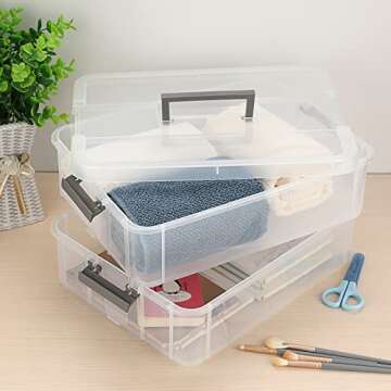 BTSKY 2 Layer Stack & Carry Box, Plastic Multipurpose Portable Storage Container Box Handled Organiz...