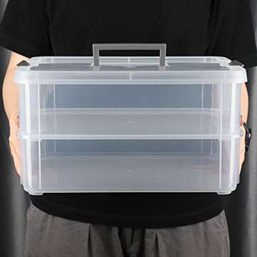 BTSKY 2 Layer Stack & Carry Box, Plastic Multipurpose Portable Storage Container Box Handled Organizer Storage Box for Organizing Stationery, Sewing, Art Craft, Jewelry and Beauty Supplies Dark Grey