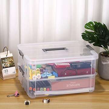 BTSKY 2 Layer Stack & Carry Box, Plastic Multipurpose Portable Storage Container Box Handled Organizer Storage Box for Organizing Stationery, Sewing, Art Craft, Jewelry and Beauty Supplies Dark Grey