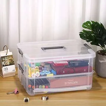 BTSKY 2 Layer Stack & Carry Box, Plastic Multipurpose Portable Storage Container Box Handled Organizer Storage Box for Organizing Stationery, Sewing, Art Craft, Jewelry and Beauty Supplies Dark Grey