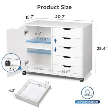 DEVAISE 5-Drawer Wood Dresser Chest with Door, Mobile Storage Cabinet, Printer Stand for Home Office