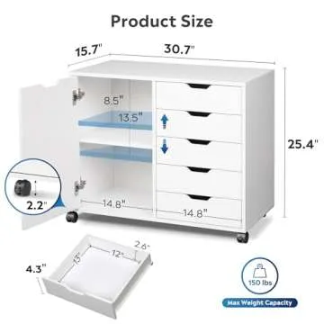 DEVAISE 5-Drawer Wood Dresser Chest with Door, Mobile Storage Cabinet, Printer Stand for Home Office