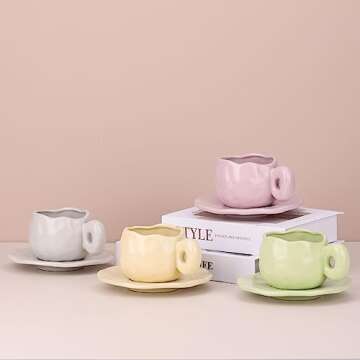 Green Ceramic Coffee Mug with Saucer Set,Cute Creative Cup Unique Irregular Design for Office and Ho...