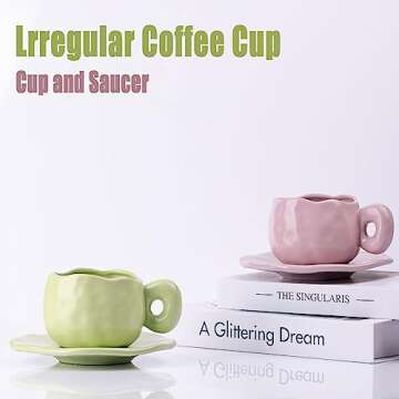 Green Ceramic Coffee Mug with Saucer Set,Cute Creative Cup Unique Irregular Design for Office and Home,Dishwasher and Microwave Safe, 10oz/300ml for Latte Tea Milk Green Kitchen Accessories