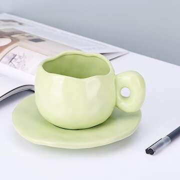 Green Ceramic Coffee Mug with Saucer Set,Cute Creative Cup Unique Irregular Design for Office and Home,Dishwasher and Microwave Safe, 10oz/300ml for Latte Tea Milk Green Kitchen Accessories