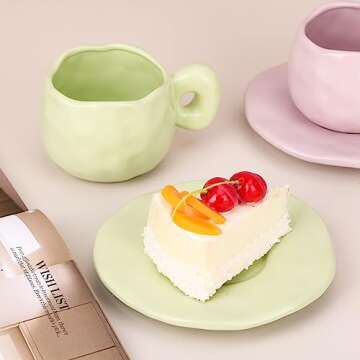 Green Ceramic Coffee Mug with Saucer Set,Cute Creative Cup Unique Irregular Design for Office and Home,Dishwasher and Microwave Safe, 10oz/300ml for Latte Tea Milk Green Kitchen Accessories