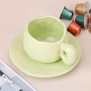Green Ceramic Coffee Mug with Saucer Set,Cute Creative Cup Unique Irregular Design for Office and Home,Dishwasher and Microwave Safe, 10oz/300ml for Latte Tea Milk Green Kitchen Accessories