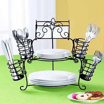 Collections Etc Metal Buffet Organizer with Scroll Design, 7-Piece Set for Plates, Napkins and Cutle...
