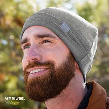 Warm MERIWOOL Unisex Merino Wool Cuff Beanie Gray Heather