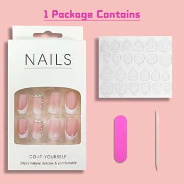 YOSOMMK Pale Pink Press on Nails Medium Square Fake Nails with Flower Rhinestone Designs Glossy Full Cover Glue on Nails Artificial Acrylic French False Nails Stick on Nails for Women