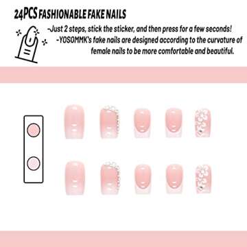 YOSOMMK Pale Pink Press on Nails Medium Square Fake Nails with Flower Rhinestone Designs Glossy Full Cover Glue on Nails Artificial Acrylic French False Nails Stick on Nails for Women