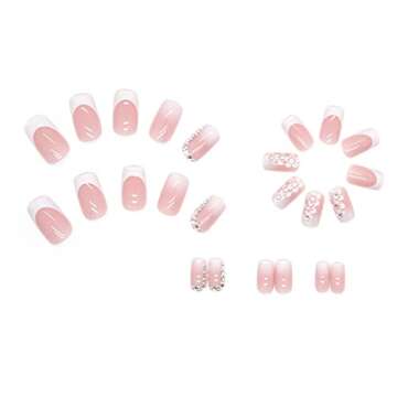 YOSOMMK Pale Pink Press on Nails Medium Square Fake Nails with Flower Rhinestone Designs Glossy Full Cover Glue on Nails Artificial Acrylic French False Nails Stick on Nails for Women