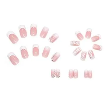 YOSOMMK Pale Pink Press on Nails Medium Square Fake Nails with Flower Rhinestone Designs Glossy Full Cover Glue on Nails Artificial Acrylic French False Nails Stick on Nails for Women