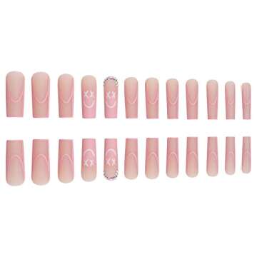 Arichwhoo Press on nails Party Long square Fake Nails Smiling face Coffin glue on nails rhinestone Matte nails for Women&Girls (Pink)