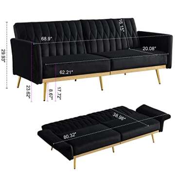 TTGIEET Velvet Convertible Futon Sofa Bed with Golden Metal Legs, 70" Tufted Loveseat Couch Sleeper ...