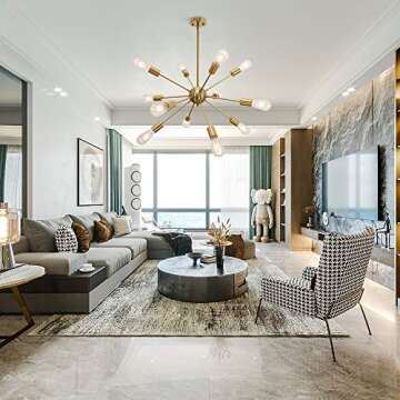 VINLUZ Modern Sputnik Chandelier 12 Light Brushed Brass Mid Century Pendant Lighting Rustic Ceiling Lights Fixtures for Dinning Room Kitchen Foyer